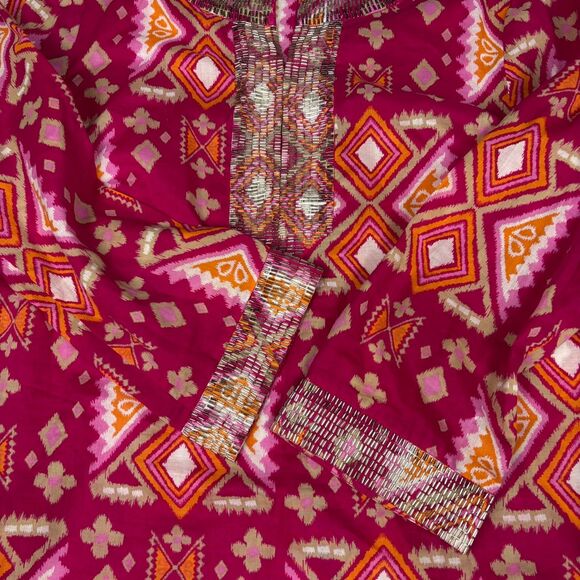 Tory Burch Tunic Top Pink Gold Beaded 3/4 Sleeve Geometric V-Neck Boho Beach 8 - Picture 3 of 8